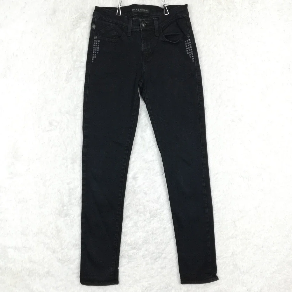 Rock & Republic Womens Jeans Berlin Skinny‎ Blue Denim Studded Navy Mid Rise 6